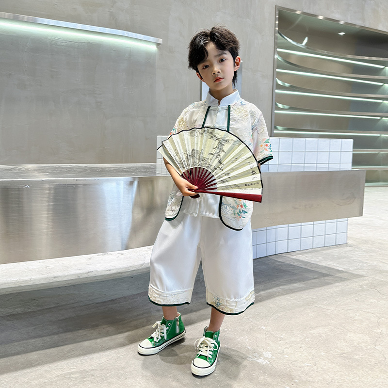儿童唐装夏装新品男童中国风改良水墨汉服两件套学生古装表演出服