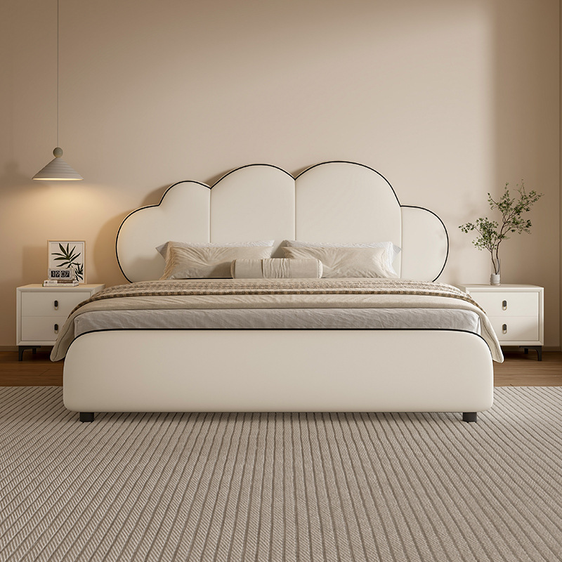 Creamy Wind Blossom Genuine Leather Bed, Modern Minimalist Luxury Upholstered Bed, High-End and Grand Master Bedroom Wedding Bed, Queen Size Double Bed