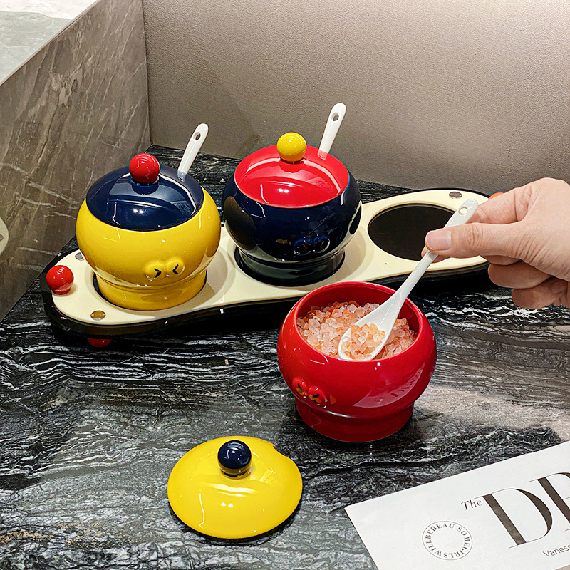 Conjunto de frasco de cerámica original de Shang 'en, frasco de sal de cocina con cuchara, frasco de condimento de cocina, caja de condimento de MSG doméstica