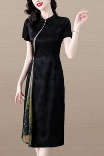 真絲桑蠶絲女大碼媽媽日常新中式復古氣質修身改良旗袍裙新款