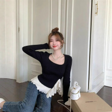 小众复古荷花边方领毛衣女春秋冬季修身显瘦内搭长袖针织衫上衣潮