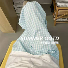 蓝色格子阔腿裤女新款裤子高腰垂感宽松慵懒遛弯山本裤子女夏薄款