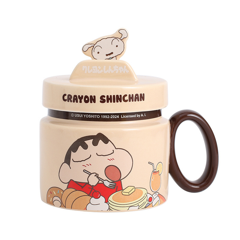 Crayon Shin-chan soporte de marca compartida taza de cerámica con tapa taza de desayuno de dibujos animados lindo de alto valor taza de pareja