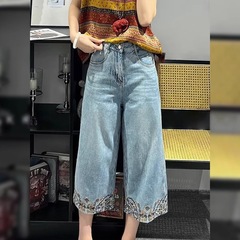 ヨーロッパフラワー刺繍エッジ8点ジーンズ女性用2025夏薄手大きいサイズ洋ナシ型ストレートワイドレッグパンツ