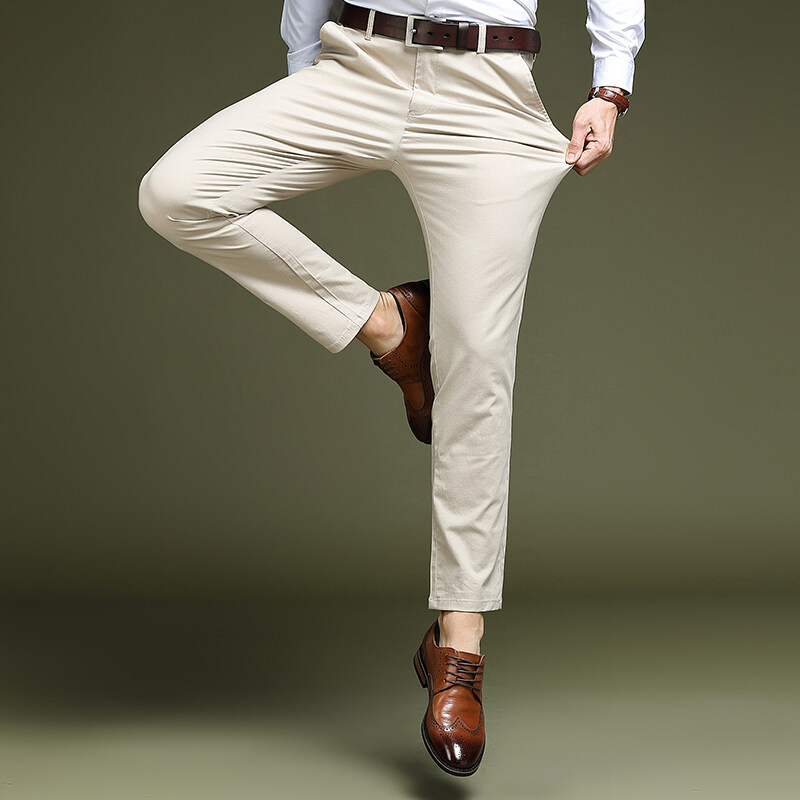 Pantalones de traje casual de algodón para hombres con forro polar slim fit de los hombres de negocios de cercanías rectos sin planchar de color sólido de los hombres pantalones largos