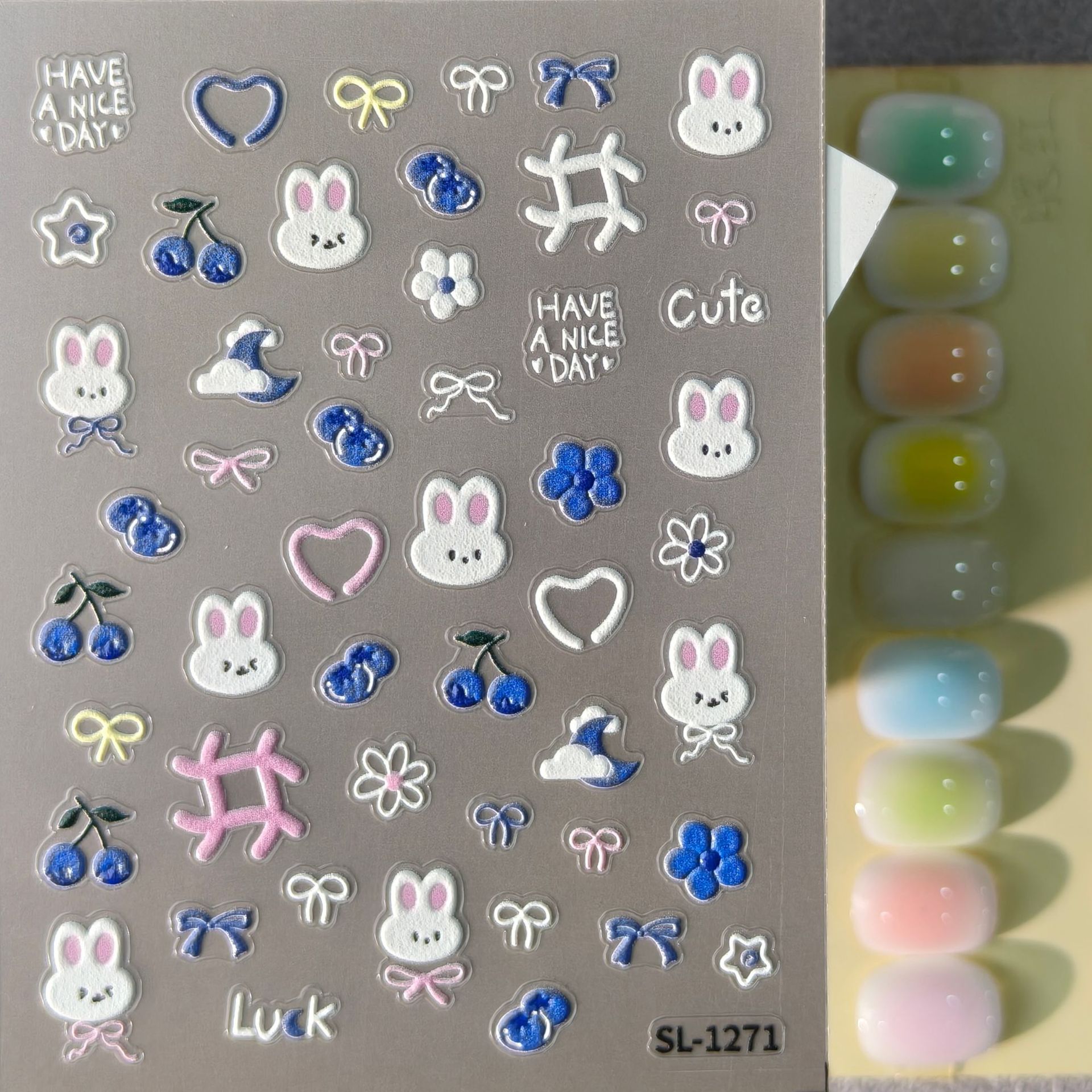可爱蓝莓兔子美甲贴纸5D浮雕立体多巴胺小白兔diy指甲贴纸 SL款