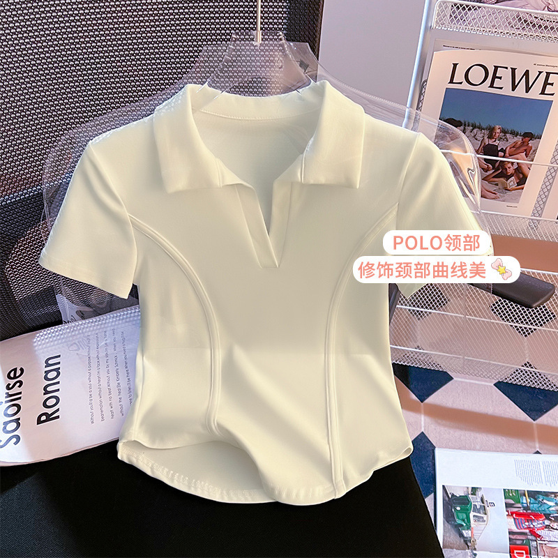 Polo襟の肩の半袖のtシャツの女性の夏のアメリカのレトロなギャルの底のシャツの甘い辛い風の魚の骨は腰の上着を収めます。|undefined