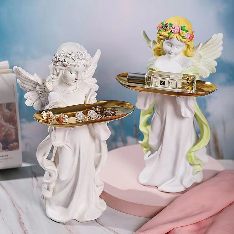 欧式创意树脂少女天使雕塑居家客厅女神首饰收纳摆件托盘桌面摆设