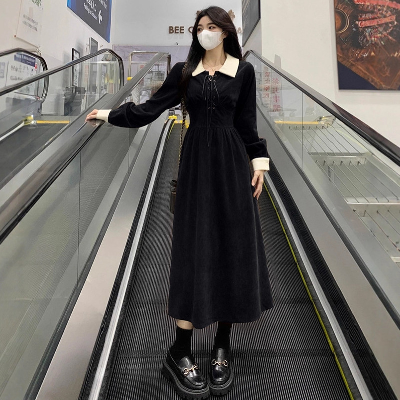 灯芯绒撞色收腰连衣裙秋冬季大码微胖女装设计感翻领复古A字长裙|undefined