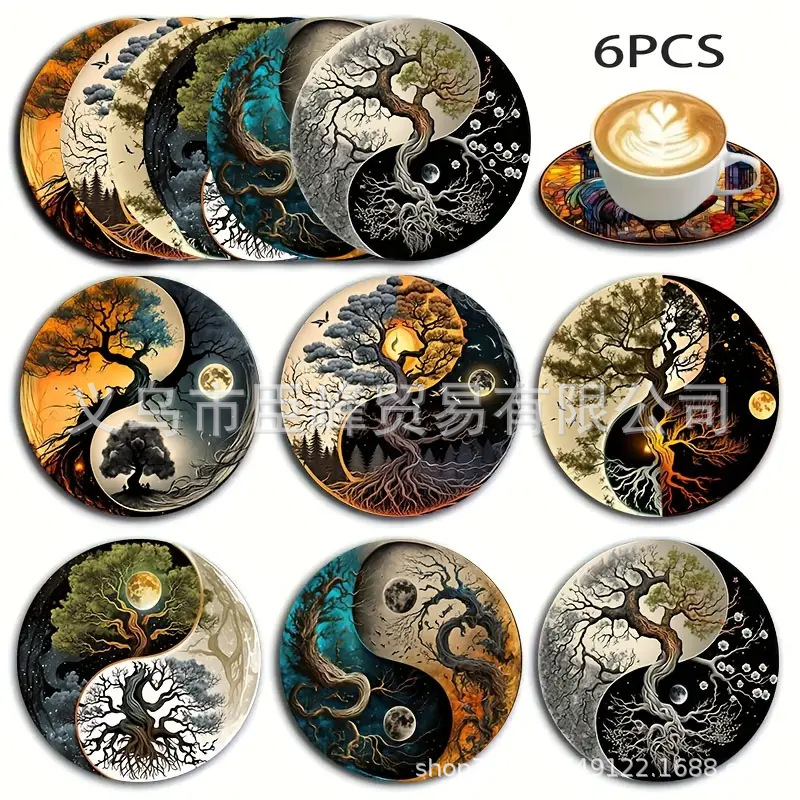 6 diseño yin-yang almohadilla de taza almohadilla de madera resistente al calor almohadilla de bebida antideslizante para platos calientes almohadilla de taza colorida