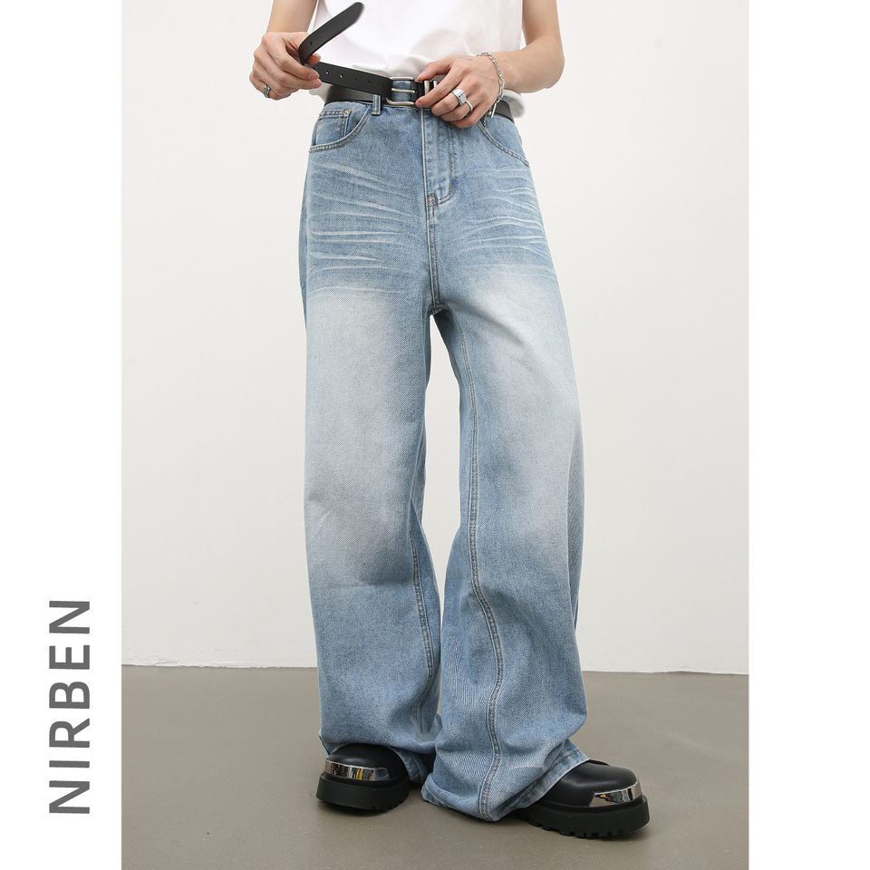 Quần jean nam ống đứng dáng suông rộng, vải denim giặt nước hiệu ứng nếp gấp, phong cách đường phố — Màu xanh lam