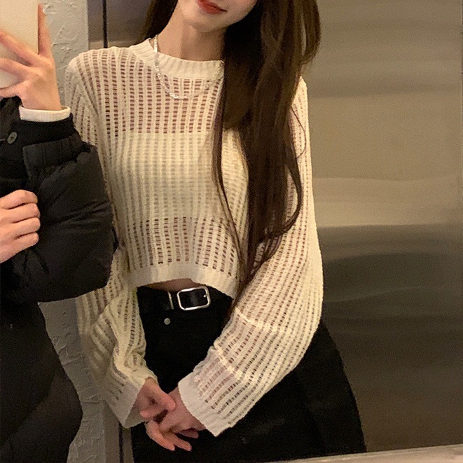Designový smysl: Tenký dutý síťovaný pletený svetr s dlouhým rukávem, opalovací krém, pro ženy, volný a všestranný na jaro a..._voghion.com