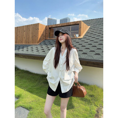 韩系气质凹造型的白衬衫翻领泡泡袖收腰衬衣上衣女