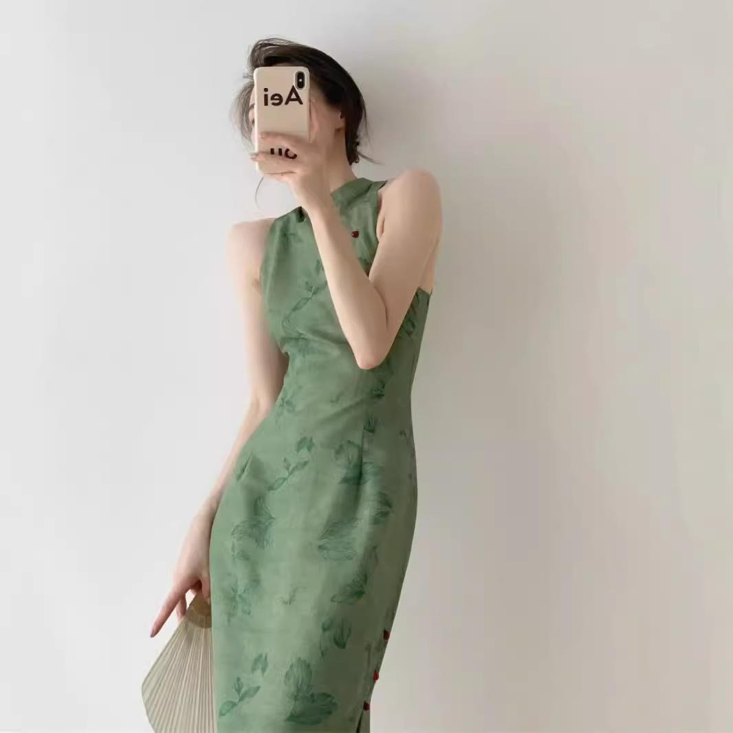Retro Bright Green Improved Version Of The Chinese-style National-style Cheongsam , 2024 Summer New Waist-cinching_ecoleips.com
