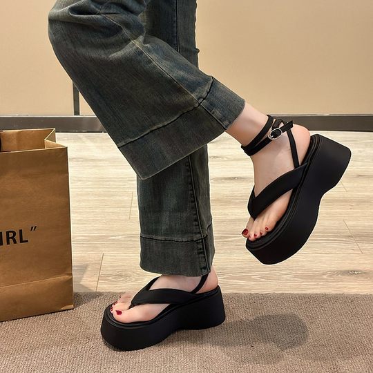 Black Thick-soled Height-increasing Fashion Sandals Women's 2025 Summer Outwear All-match Skirt Strap Fairy Sandals