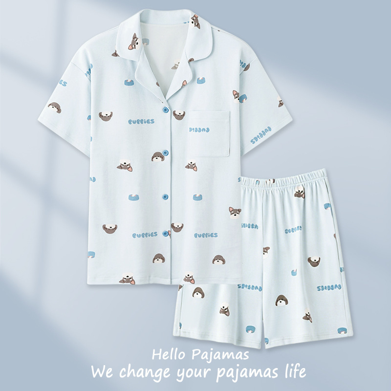"Milky Blue Puppy" New Pure Cotton Pajamas for Women, Summer Thin Cartoon Cute Short-Sleeved Girl's Set, Home Wear "Milky Blue Puppy" New Pure Cotton Pajamas for Women, Summer Thin Cartoon Cute Short-Sleeved Girl's Set, Home Wear