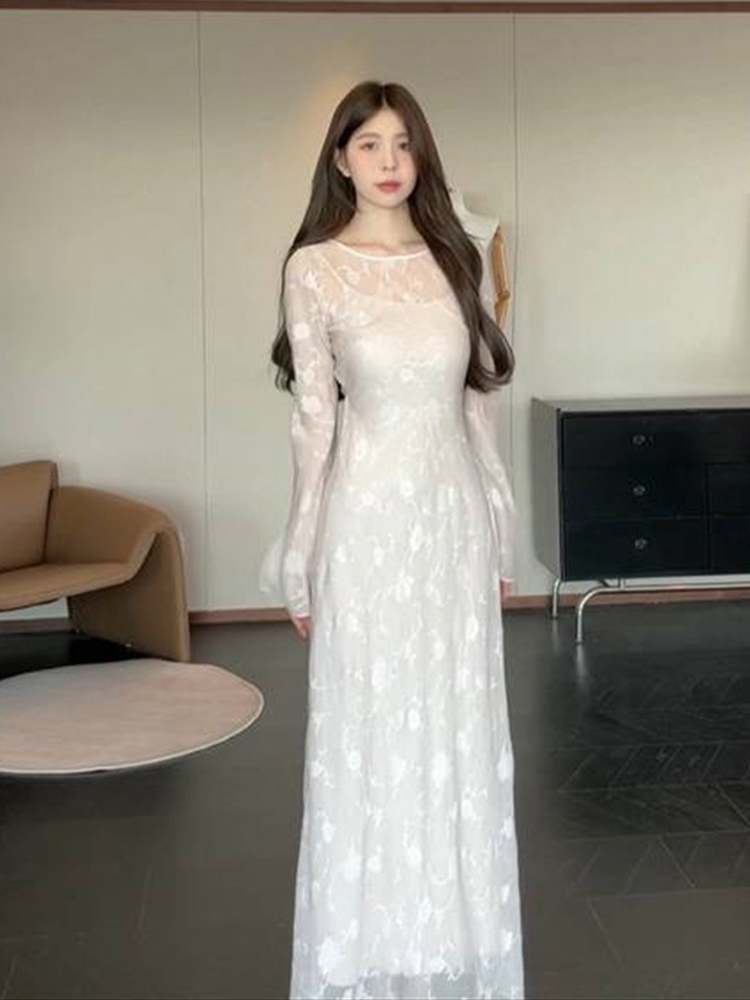 薄纱吊带连衣裙子2025春季新款白色罩衫气质包臀长裙两件套装女夏
