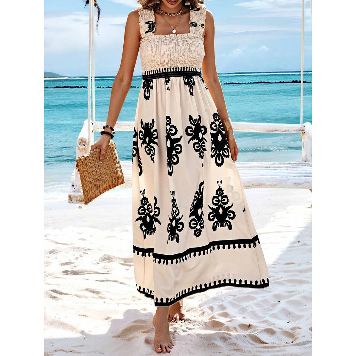 2024 Cross-border European and American Women's Clothing Amazon Hot Selling Women's Beach Skirt Holiday Style Printed Chest Wrap dress