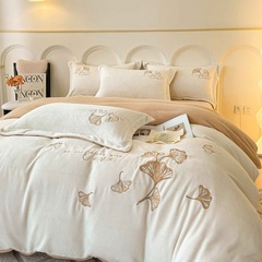 冬季床上四件套牛奶絨批發保暖加厚高端純色繡花珊瑚絨雙面法蘭絨
