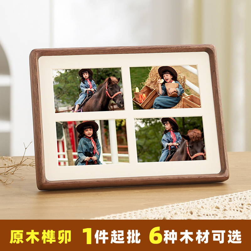 New Four-Compartment Solid Wood V-Style Black Walnut Mortise and Tenon Photo Frame for High-End Travel Records and Children's Photo Decoration Display Stand New Four-Compartment Solid Wood V-Style Black Walnut Mortise and Tenon Photo Frame for High-End Travel Records and Children's Photo Decoration Display Stand