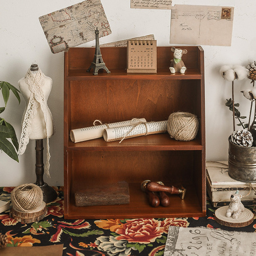 Wall-mounted wooden storage box cabinet, multi-layer retro cosmetic makeup organizer, office desk, ZAKKA style