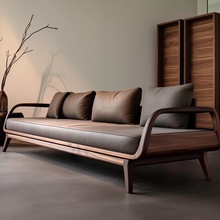 现代轻奢黑胡桃木皮艺沙发新中式极简实木小户型客厅书房茶室家具