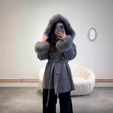 跨境欧美2025秋冬纯色高级气质毛领袖口连帽款中长款系带毛呢外套