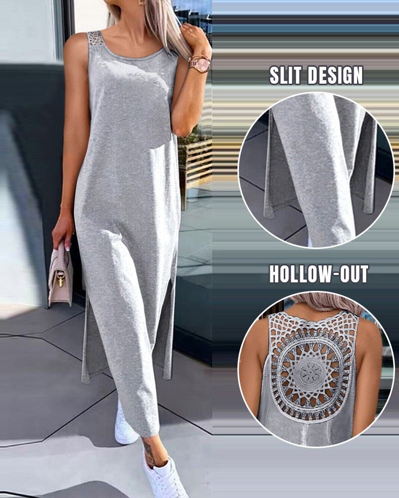 European And American Style Foreign Trade Women's Clothing Lace Hollow-out Suspender Sleeveless Slit Tank Dress,_ecoleips.com