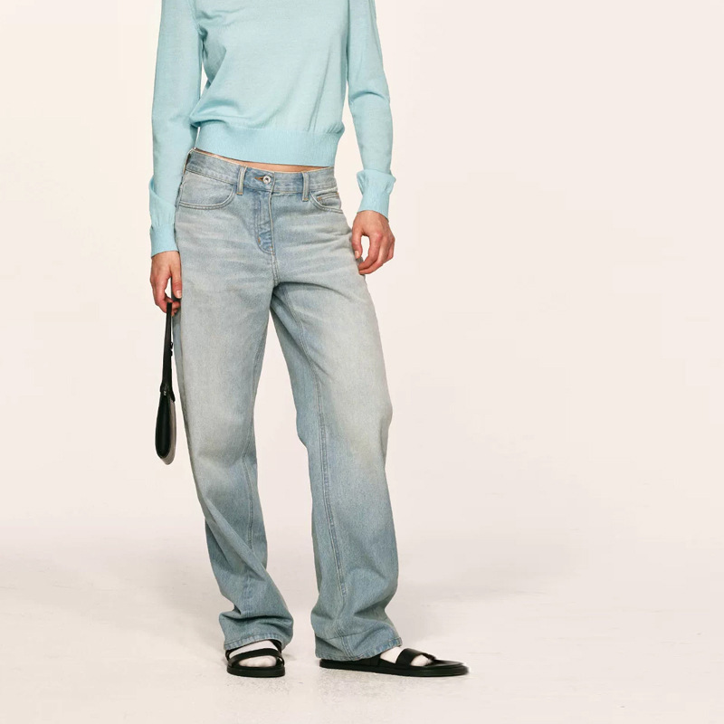 alrigh cotton light blue gradient washed low-waist curved cut jeans, slimming high-waisted loose straight floor-length pants