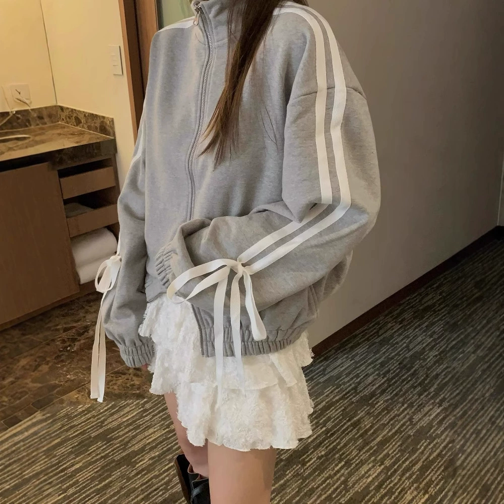 Зимний корейский ins ленивый ветер ремень с бантом дизайн свободный молния воротник с бархатным свитер