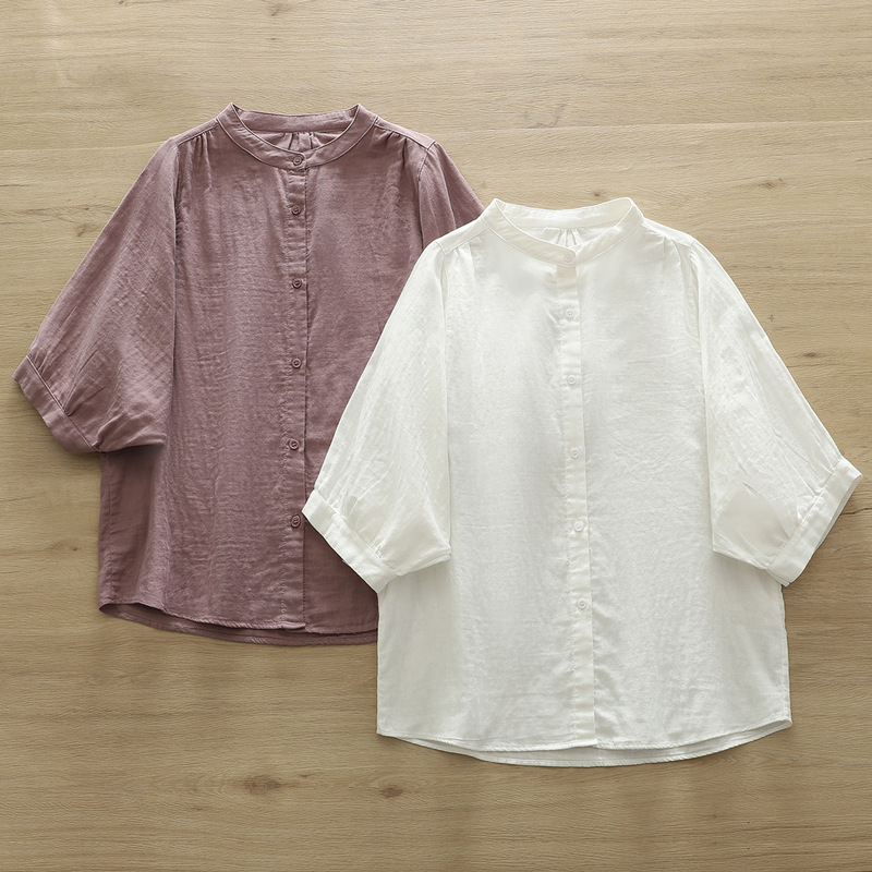 2024 Summer Fresh Style All-Match Round Neck Seven-Fit Sleeve Double-Layer Cotton Yarn Shirt Women's Loose Casual Shirt