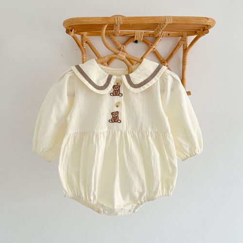 Baby clothes for Korean version of Instagram, autumn infant bear embroidered diaper cover crawling suit with small ears turnover collar triangle halter dress