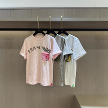 日系潮流新款彩虹口袋印花女士夏季竹节棉纯棉圆领短袖上衣T恤