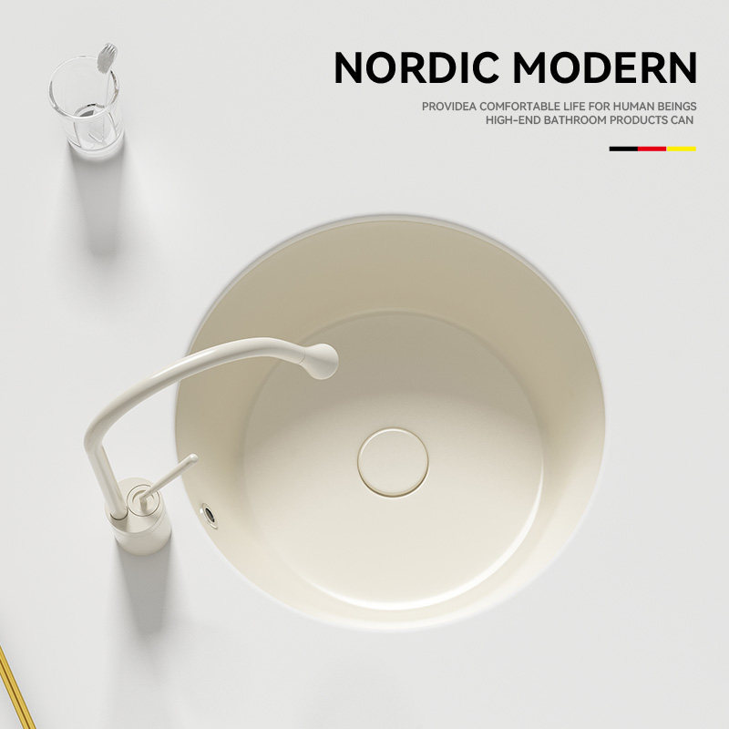 Cream-style round under-counter sink, embedded ceramic washbasin for small-sized bathrooms, balconies, and home use