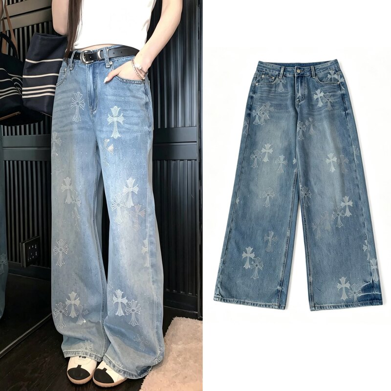 Cross-Pattern Jacquard Jeans with Full Print on the Front and Back, Heavy-Duty Rhinestone Embellishments, Starry Sky Style, Relaxed Fit, High-Waisted Wide-Leg Floor-Length Pants