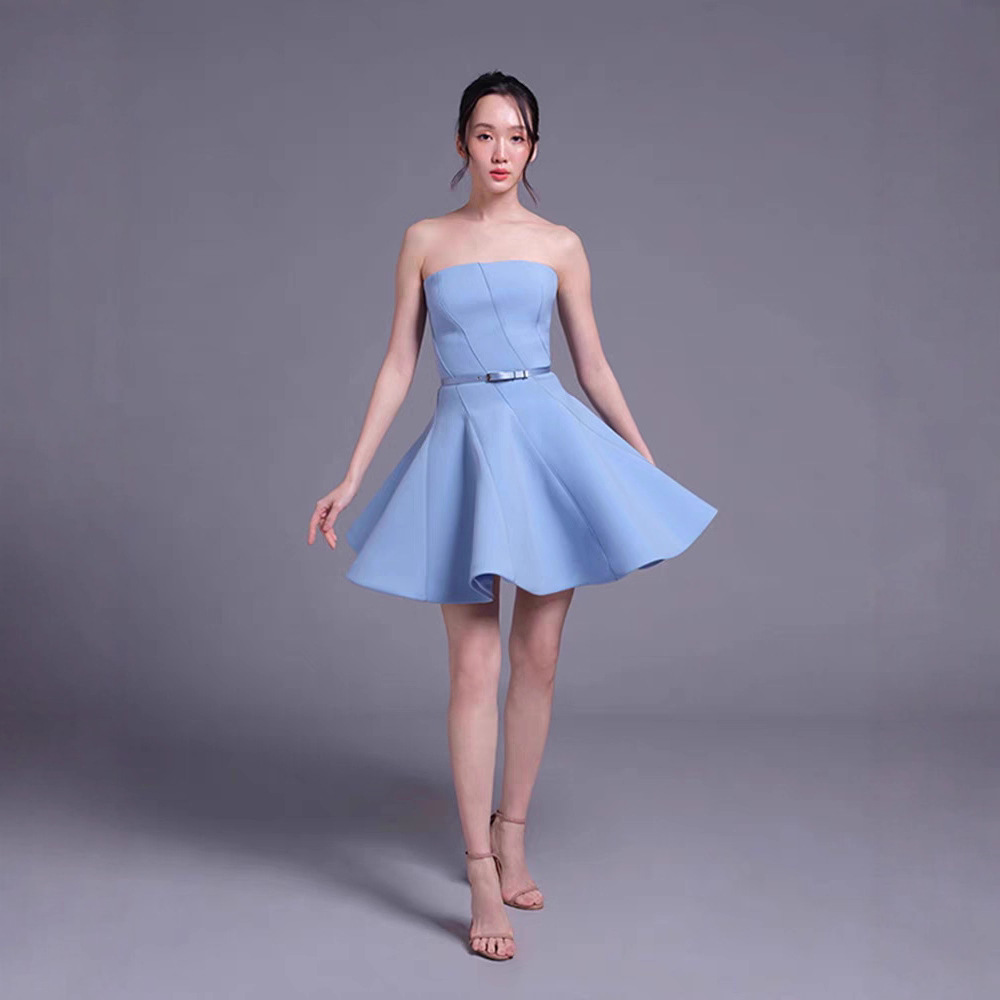 In-Stock Vietnamese Design Niche Blue Strapless Dress Short Skirt Elegant Waist-Cinching Dress 50203