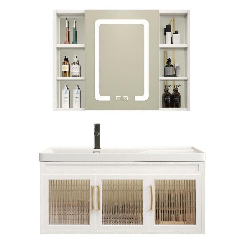 Luz nórdica de lujo espacio de aluminio gabinete de baño mesa de lavado lavabo gabinete de baño lavabo combinación de cerámica cuenca integrada