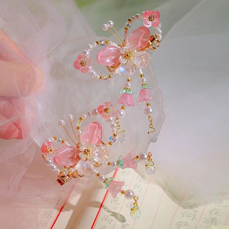 핑크 나비 헤어 액세서리 한 쌍