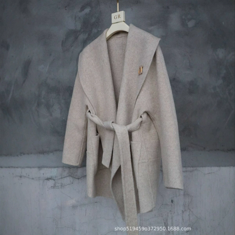 Wool double‑faced coat women, reversible spring woolen jacket, shawl collar and patch pockets, S–M
