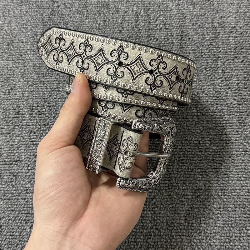 Vintage Western Studded Leather Belt with Silver Retro Engraved Metal Buckle, Niche Design, Simple Leather Belt Vintage Western Studded Leather Belt with Silver Retro Engraved Metal Buckle, Niche Design, Simple Leather Belt