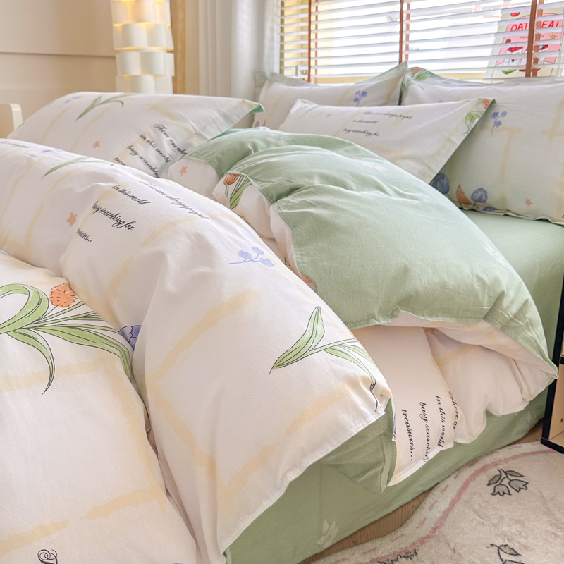 Ins Pastoral Style Pure Cotton Bedding Four-Piece Set All-Cotton Spring and Summer Fresh Duvet Cover Fitted Sheet Pure Cotton Dormitory Three-Piece Set