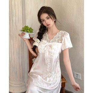 French Style Princess Warm Chestnut Lace Nightdress Silk Bow Spring and Summer Short Sleeve Comfortable Cool Home Clothes suit