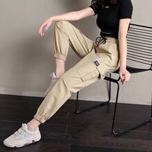 美式工装裤女春秋新款高腰休闲束脚百搭九分宽松运动哈伦裤潮