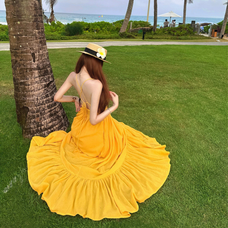 New Arrivals for Summer 2026: Vacation-Style Mango Yellow Backless Spaghetti Strap Dress with Built-In Bra Pads, Long Dress New Arrivals for Summer 2026: Vacation-Style Mango Yellow Backless Spaghetti Strap Dress with Built-In Bra Pads, Long Dress