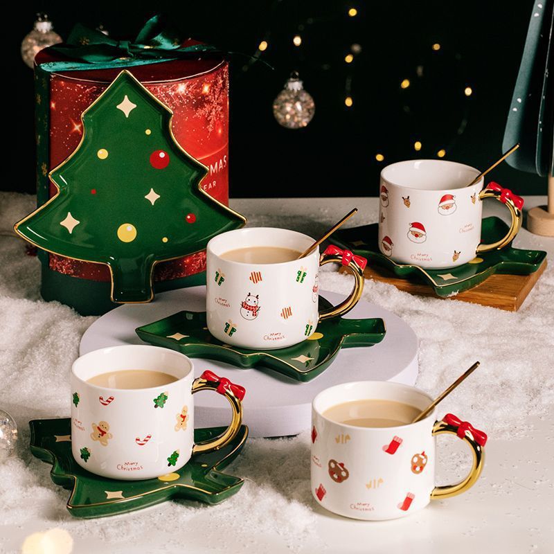 Creativo Papá Noel tazas de café plato árbol de Navidad de cerámica tazas caseras para amigos regalos de Navidad