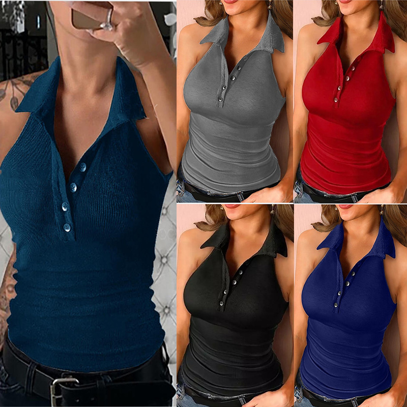 Cross-Border Export Women's Clothing European and American Style Polo Lapel Shirt Halter Backless Sexy Tight Elegant Multi-Color Dropshipping