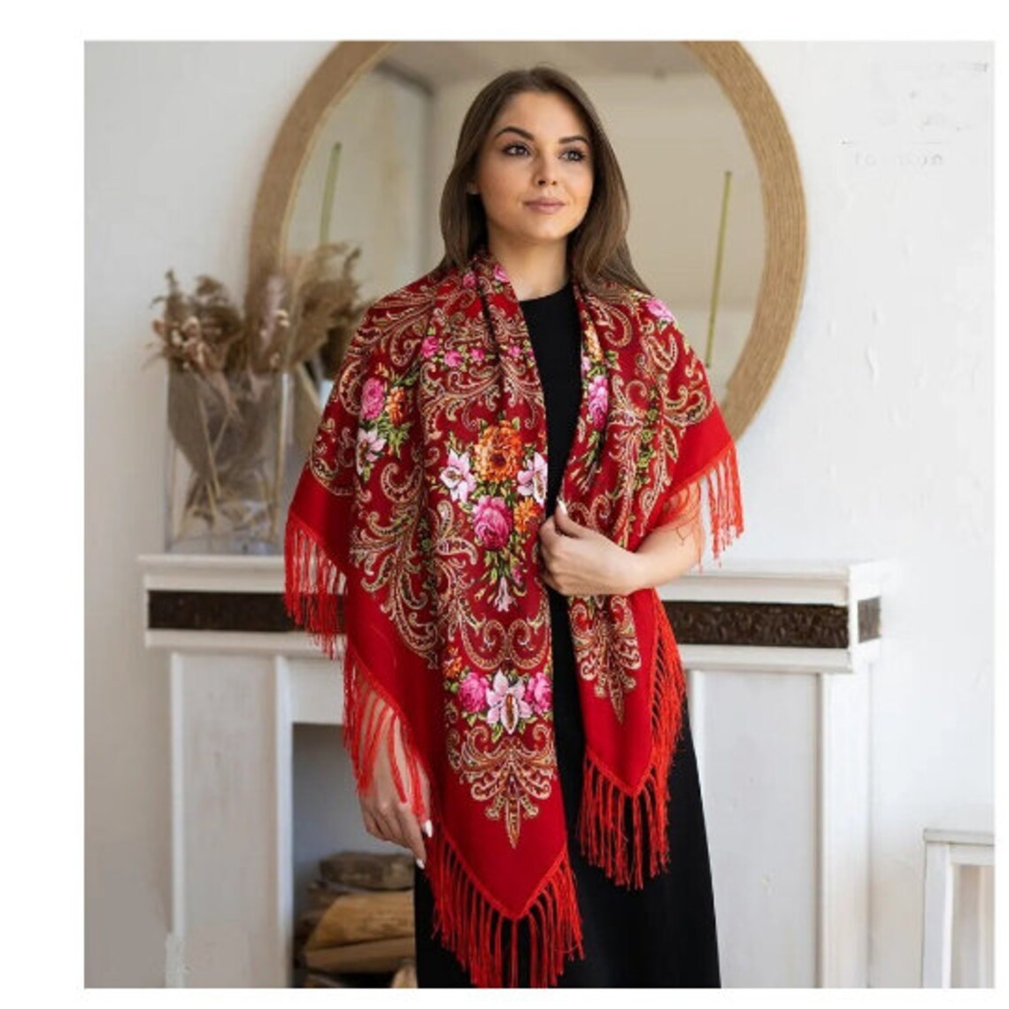 Yeni Sınır Ötesi Etnik Tarzda Rus Kare Şal, Fitilli Pamuk Baskılı Püsküllü Şal, Sonbahar İçin Bohem Şal_voghion.com