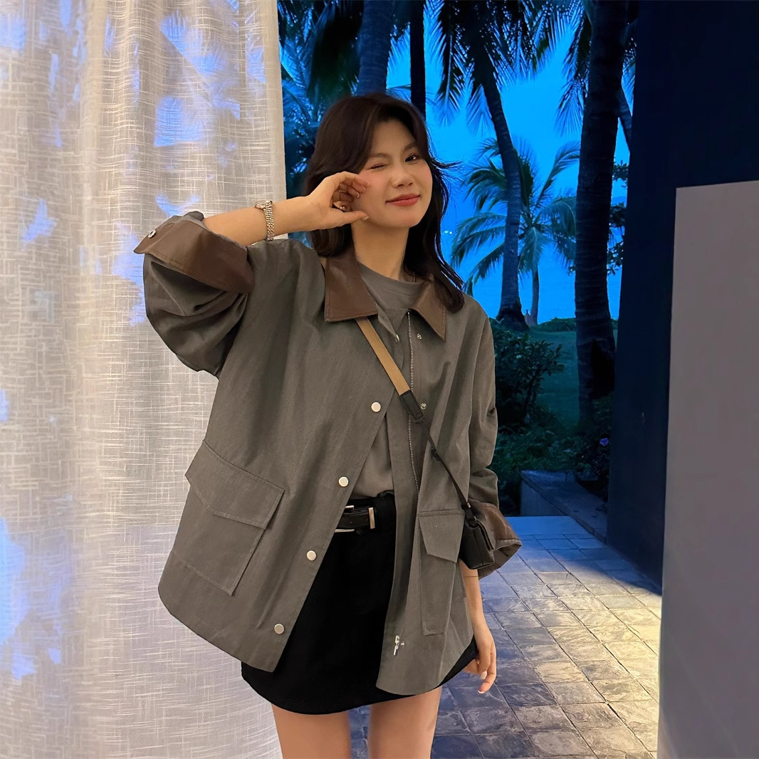 THE LIMON Early Spring New Korean Lazy Barn Style Design Sense Colores de contraste Bolsillo grande Chaqueta retro Ropa de trabajo