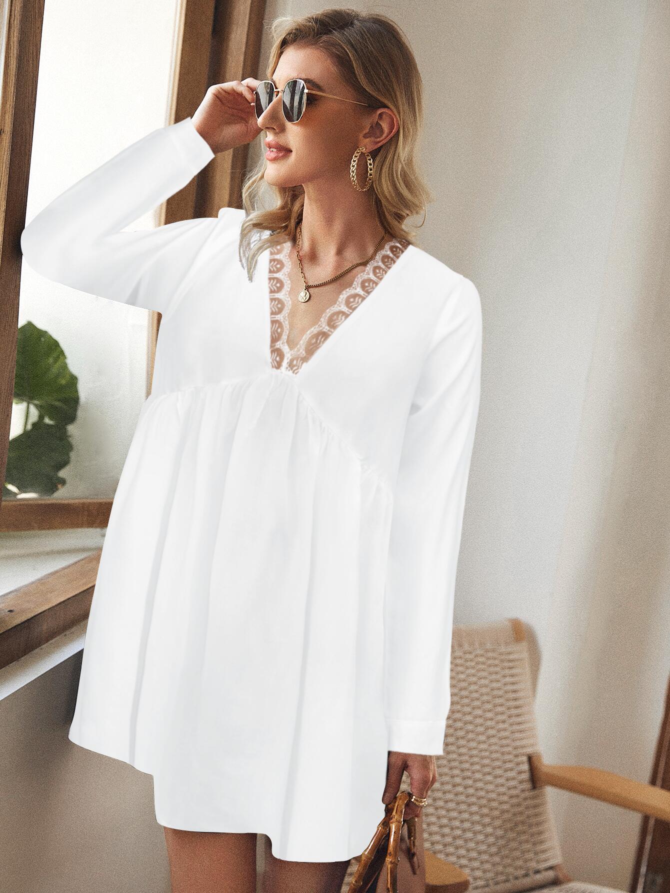 Lace Trim V-Neck Long-Sleeved Hollow Dress NSMDF104627