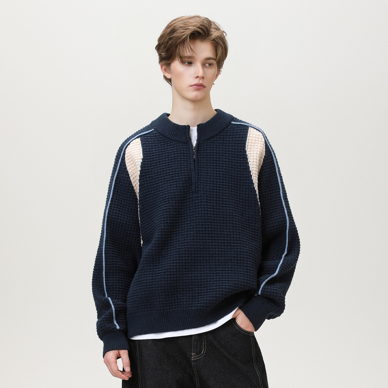 Color-Blocked Faux Deer Fur Sweater for Men, Autumn and Winter Mesh Texture Half-Zip Warm Knit Sweater Jacket Q